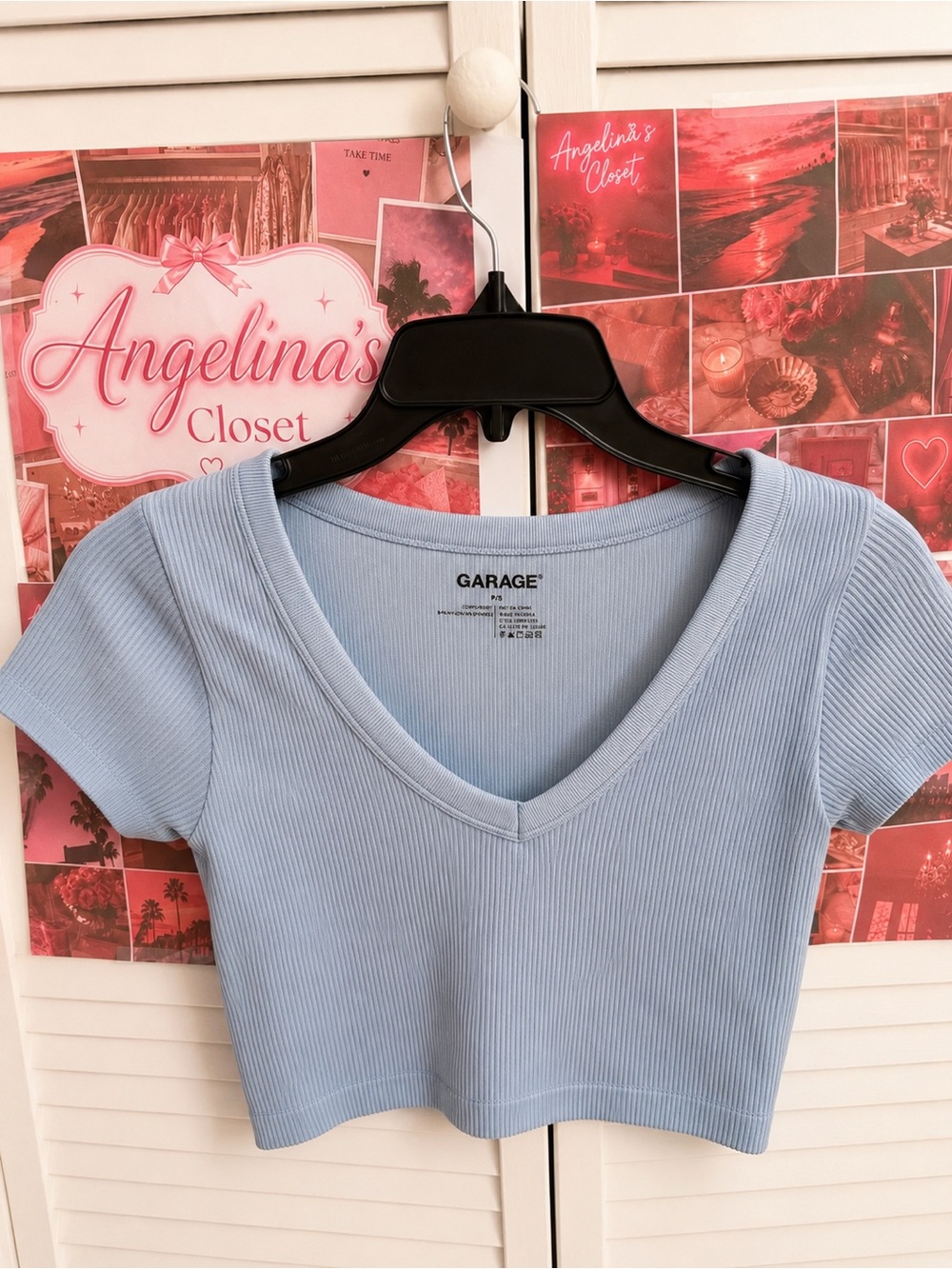 Garage Baby Blue Ribbed V-Neck Crop Top